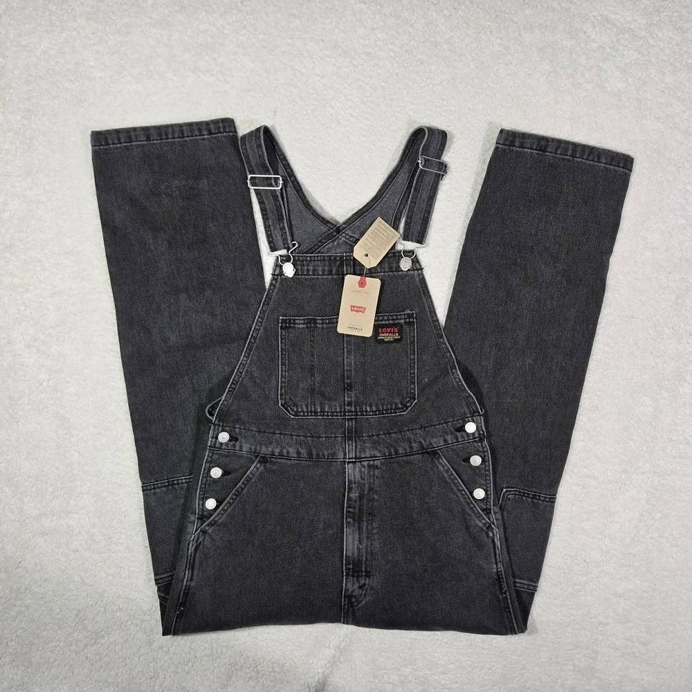 Levis Mens Small Relaxed Loose Overalls Faded Gray Black Denim Cotton S